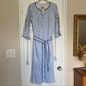 Moon River, Women’s medium, lined dress, blue & white with embroidery and belt
